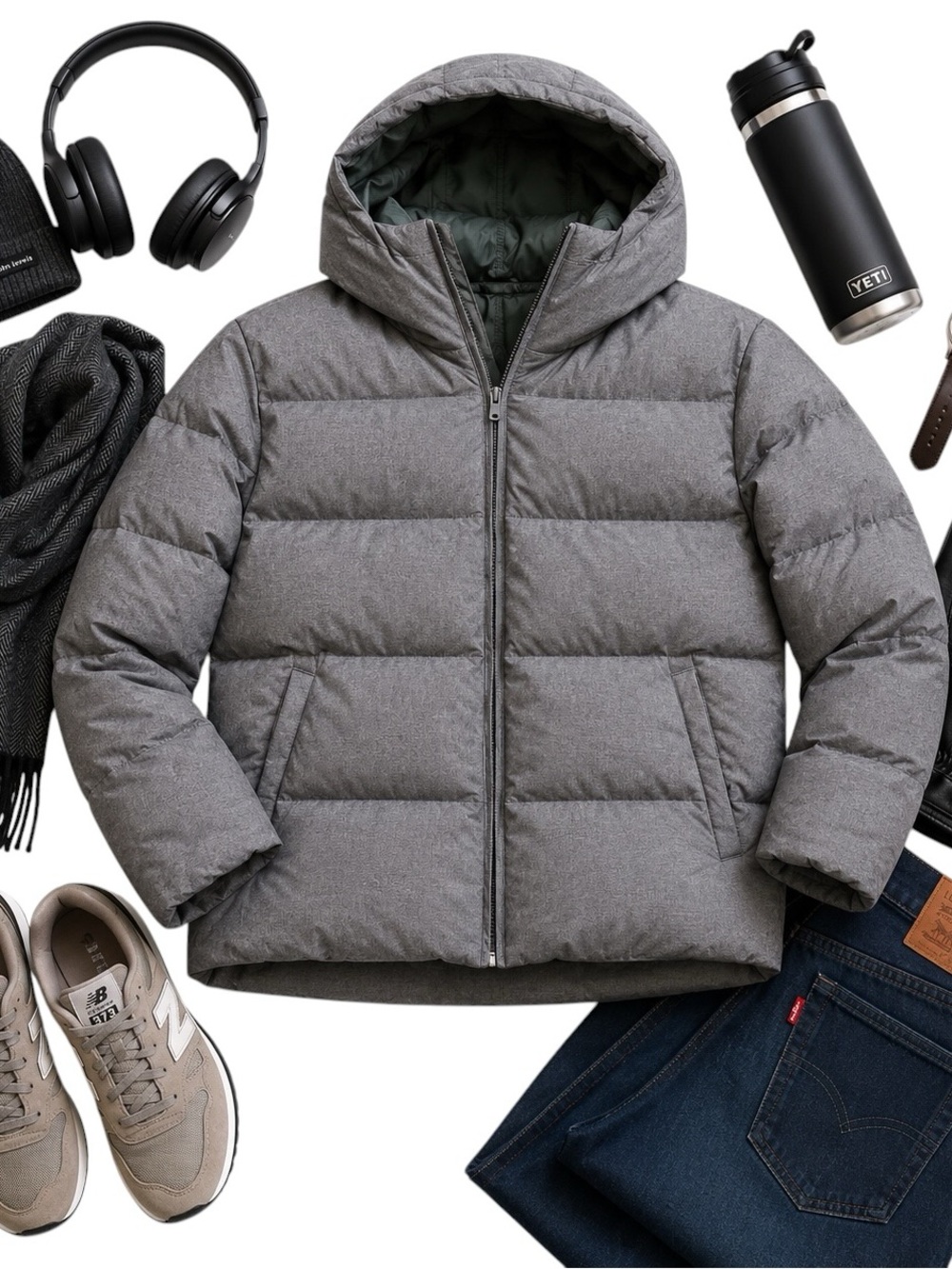 John Lewis Gray Hooded Quilted Puffer Jacket Men’s XXL Full Zip Winter Coat EUC